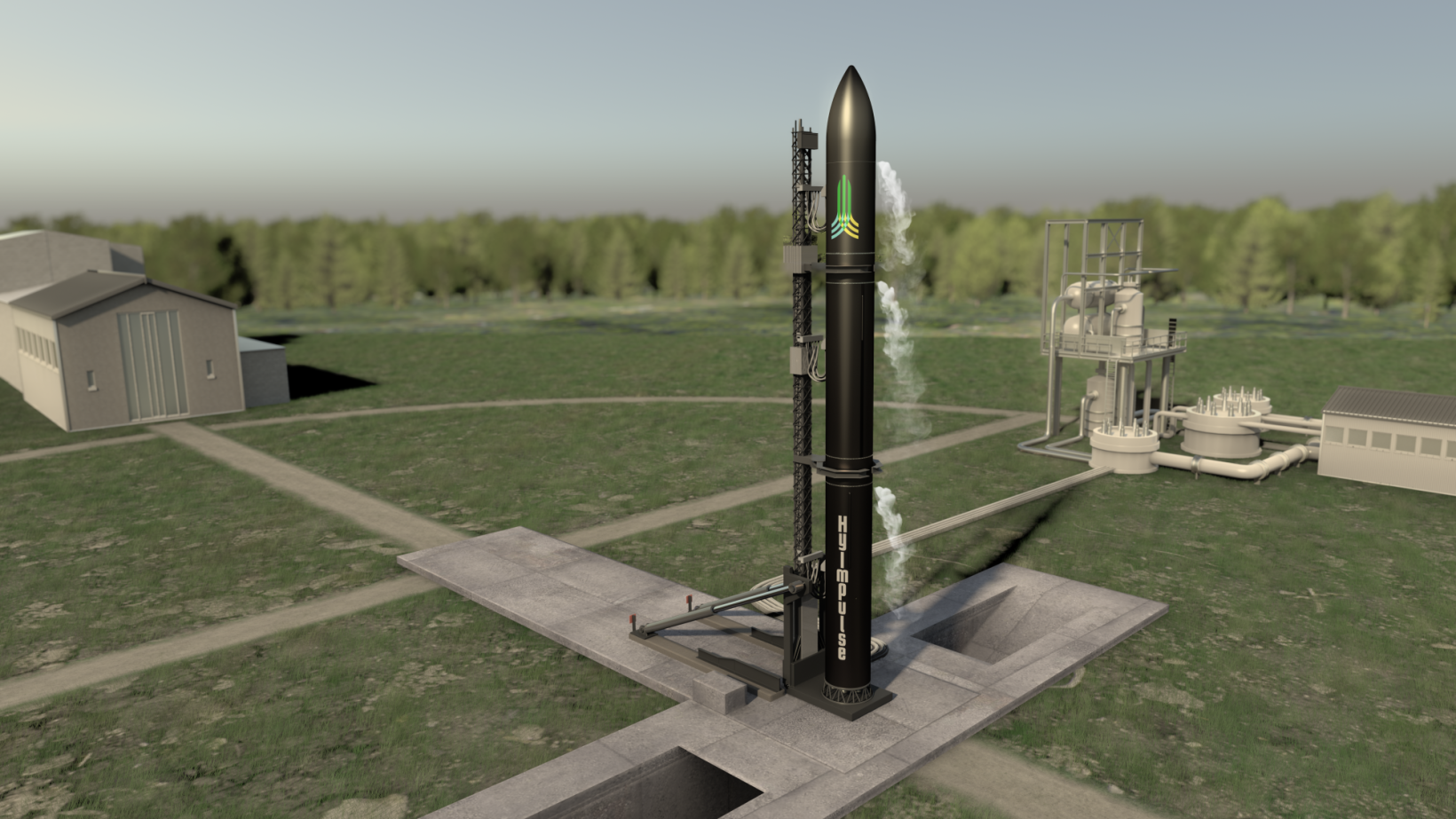 The Hyimpulse SR75 rocket on a launchpad