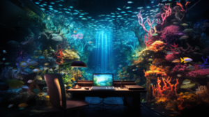 An office is depicted underwater in front of a colorful coral reef and fish.