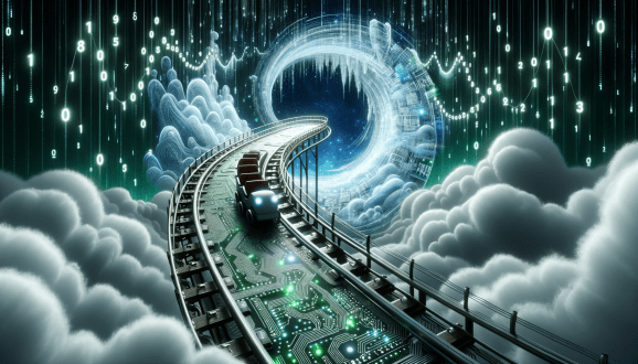 A rollercoaster made of circuitboards surrounded by clouds and glowing green numerals.