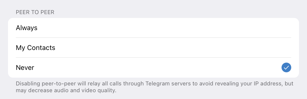 Telegram setting to avoid leaking your IP address in calls.