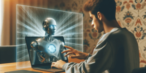 A masculine presenting person sits in front of a laptop from which a hologram of a silver humanoid robot emerges.
