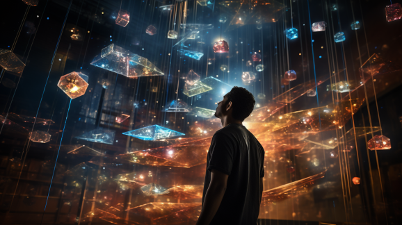 A masculine human figure gazes up at glowing blocks of holographic data.