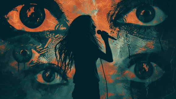 A silhouette of a woman-presenting singer with microphone and long hair standing before an orange and green abstract background of giant eerie human eyes.
